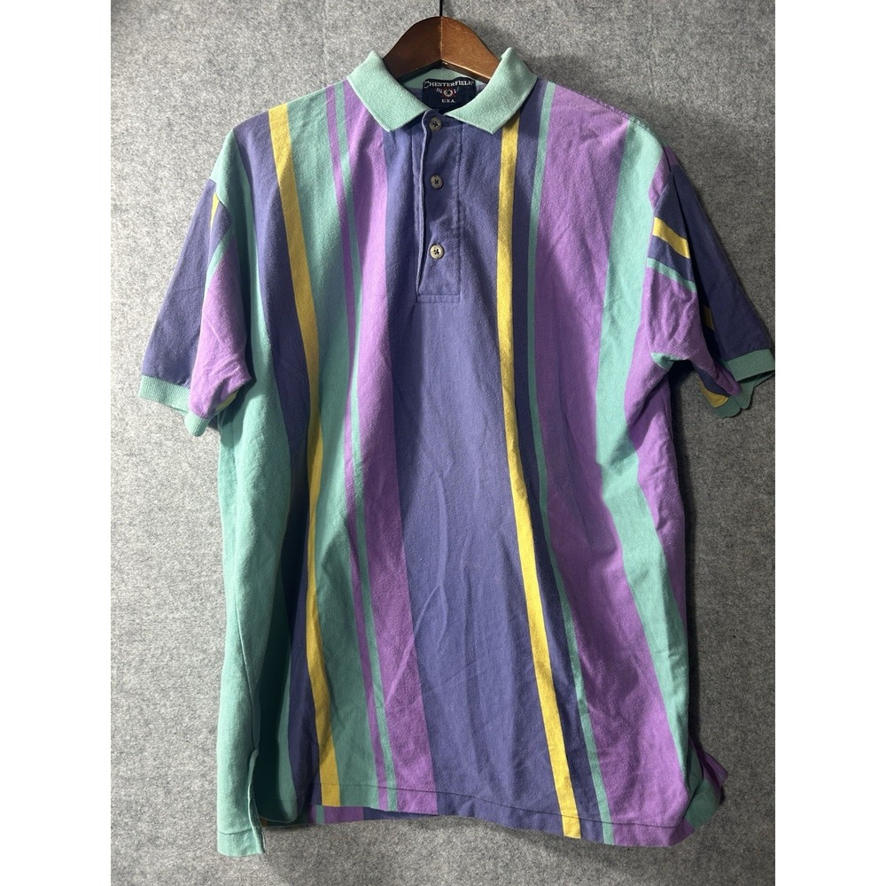 Vintage Chesterfield USA Vertical Stripe Polo Shirt MED Made in USA Purple Teal